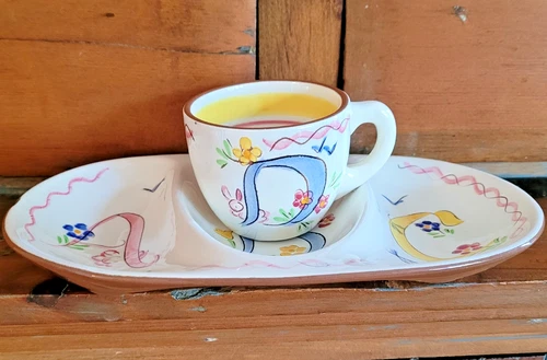 Vintage Stangle Pottery Childs Dish Cup Kiddieware Handpainted