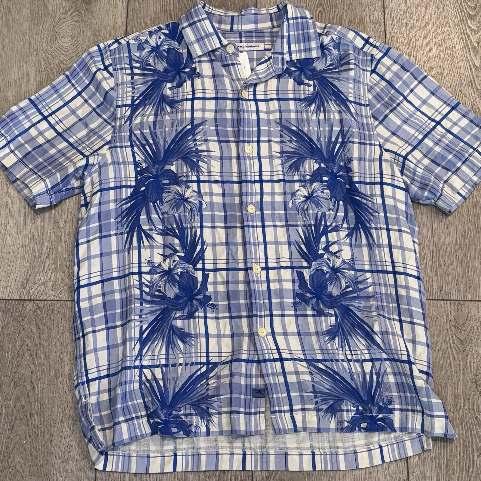 Tommy Bahama Button Down Shirt Mens Medium Blue Hawaiian Floral Silk Linen NWT