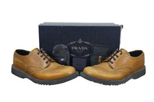 Prada Pull Up Ocra Oxford Brogue Derby Brown Leather Dress Shoes UK9 US10 EU43