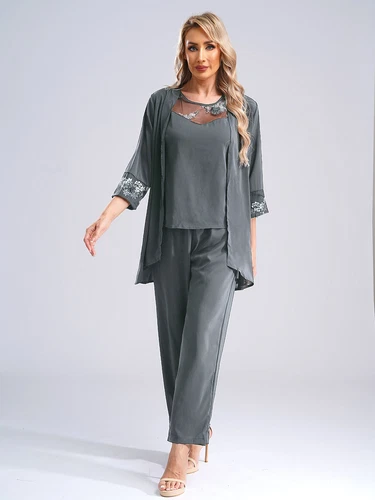 Womens 3 Piece Chiffon Pant Suits Tank Top Cardigan and Pants Evening Outfits - Picture 79 of 95