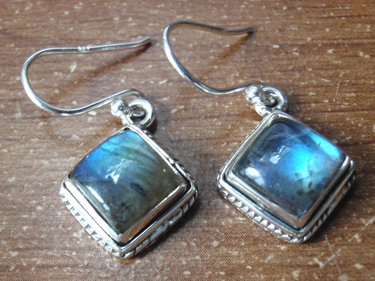 Sterling Silver Square Labradorite Earrings Sterling Silver Square Labradorite Earrings