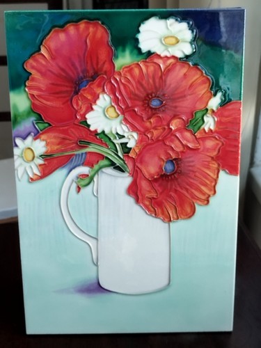 YH Art Fliese Keramik Wand handgefertigt handbemalt Mohnblumen & Gänseblümchen Blumenvase Fliese