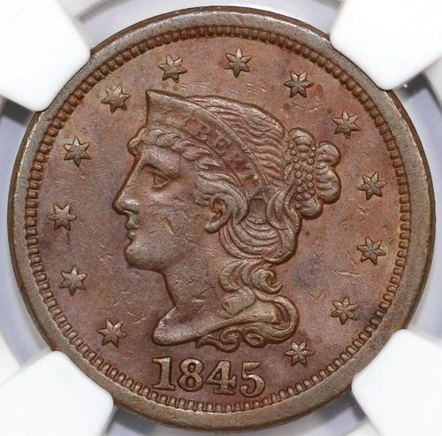1845 1c N-7 Braided Hair Large Cent NGC AU 53