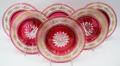 6 Val Saint Lambert Cranberry & Gold Danse De Flore Dessert Plates, Circa 1940