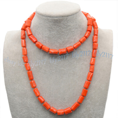 Natural Orange Red Coral Irregular Barrel Gemstone Beads Necklace Long 36 inch