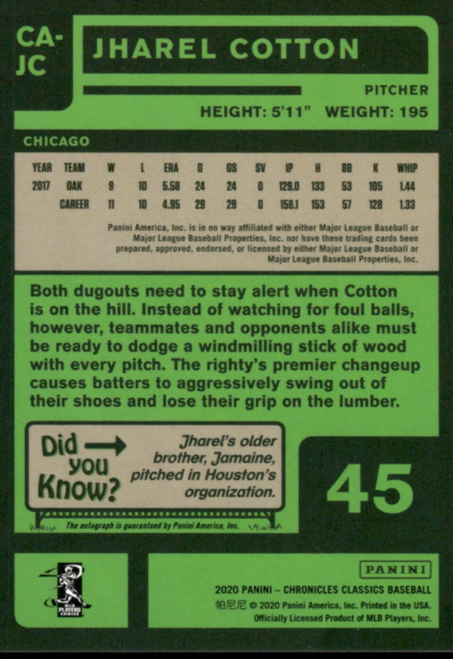 2020 Panini Chronicles #CA-JC Jharel Cotton Classics Autographs AU - Image 2 of 2