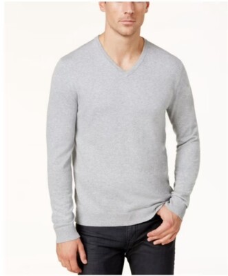 Alfani Mens Solid V-Neck Cotton Sweater Gray XXL Casual And Soft