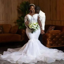Africa White Wedding Dresses Long sleeve Sheer Neck Crystals Beading Bride