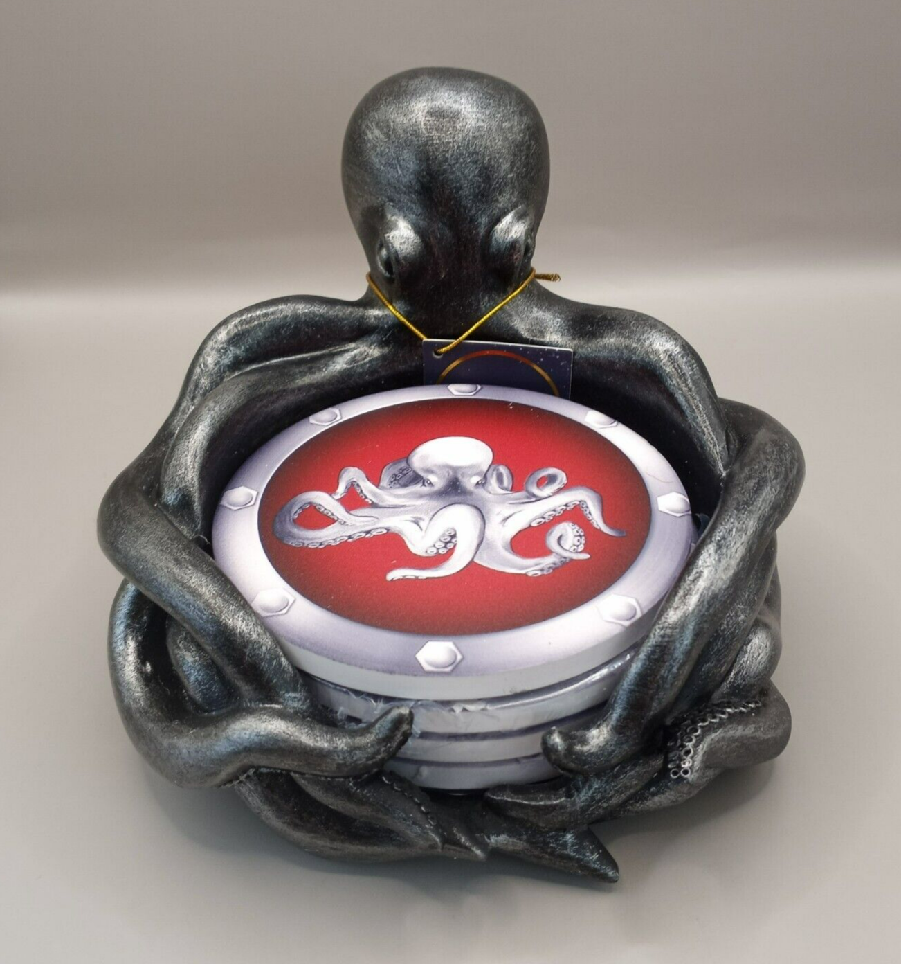 Resin Silver Octopus Holder with 4 Ceramic Cork Coasters Set