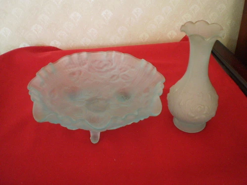 LIGHT BLUE FROSTED SATIN GLASS FOOTED DISH & VASE - IMPERIAL GLASS - OPEN ROSE