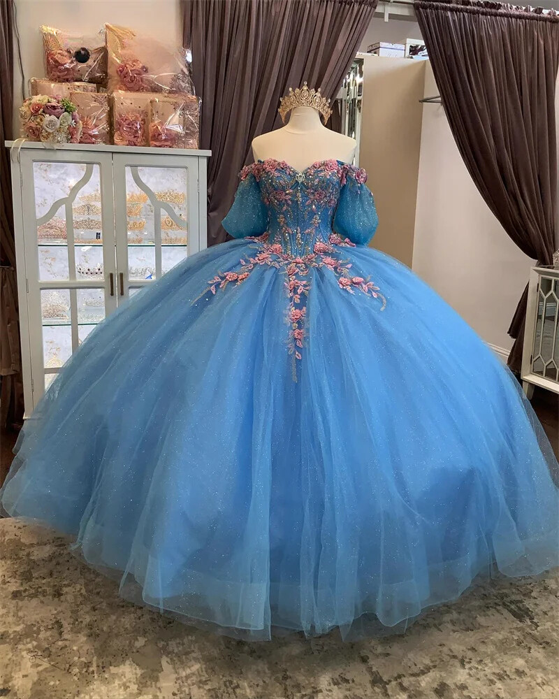 Blue Quinceanera Dresses Off Shoulder Flower Applique Lace Ball Gown Sweet  15