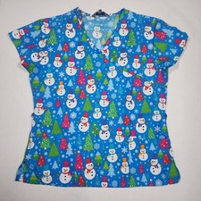 Serene Uniforms Christmas Scrub Top Women Size Medium Snowman Snowmen Pockets
