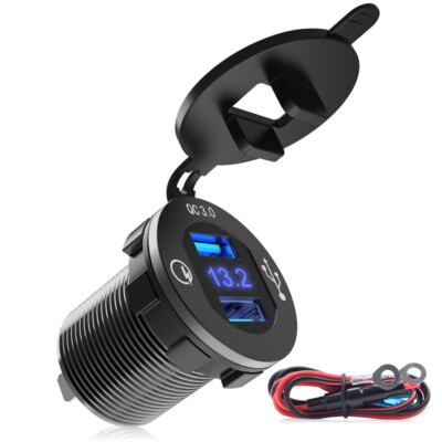Universal 12V USB3.0 Fast Car Charger Blue LED Display Volt Meter Waterproof