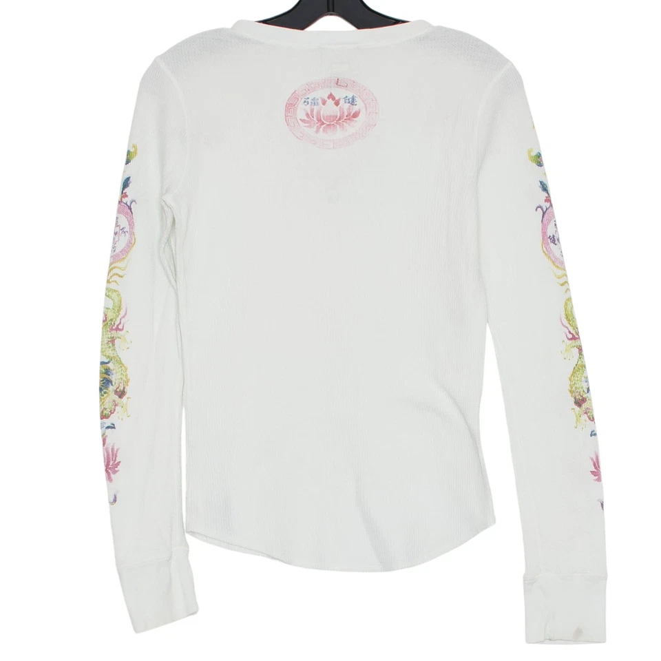 Vintage Lucky Brand Top Y2K Asian Dragon Waffle Thermal Henley Boho Medium Flaws - Image 2 of 4