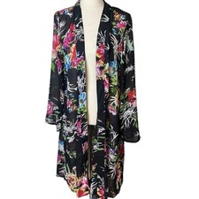 Women  s black floral romantic sheer kimono duster cardigan M