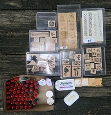 Lot Of 50 Collection Assorted Wood-mounted Rubber Stamps Ink Pads  Ink Refills