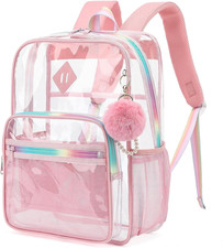 Pink Clear Backpack for School, Heavy Duty PVC Transparent Bookbag See through B