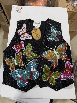 VINTAGE 1980s IMPRESSO Sequin BUTTERFLY Vest SIZE MEDIUM New With Tags