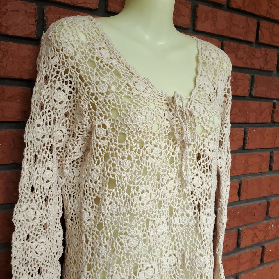 Suéter Crochet Talla M Beige Túnica Casa Caprichoso Floral Abuela Doily Boho Foto 3 de 4