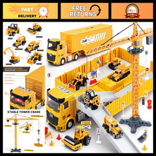 Kids Construction Truck Toy Set - Crane, Excavator, Bulldozer More - Ages 3-7