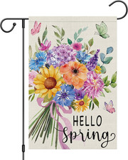 Hello Spring Flower Garden Flag 12X18 Double Sided Burlap, Watercolor Floral Bou