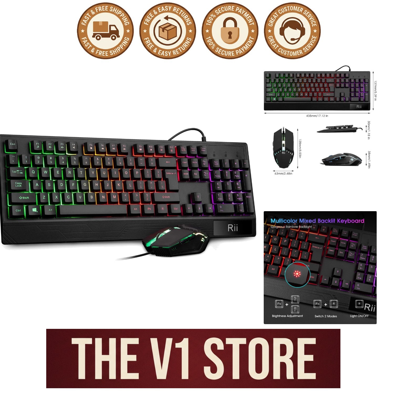 Gaming Keyboard and Mouse Combo,USB Wired,104 Keys RGB LED B