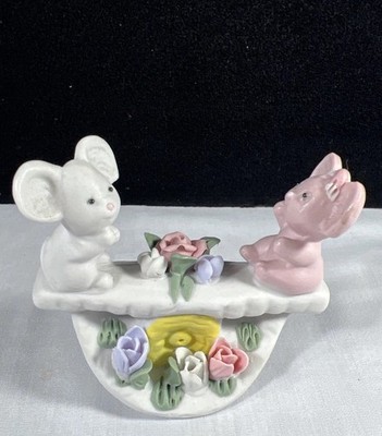 Porcelain Bisque Pastel Mice On Teeter- Totter With Applied Flowers