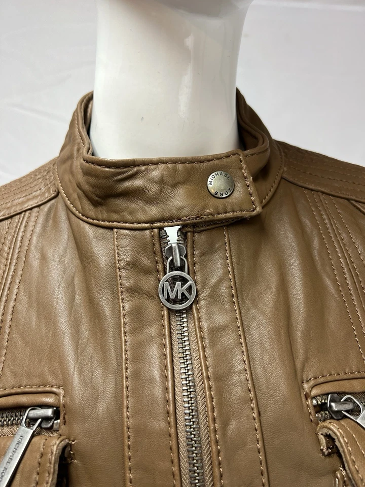 Chaqueta de motociclista Michael Kors grande marrón cuero genuino piel de cordero para mujer Foto 3 de 4