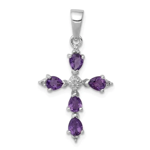 Sterling Silver Rhodium 0.67 Ct. Pear Amethyst & 0.02 Ct. Diamond Cross Pendant