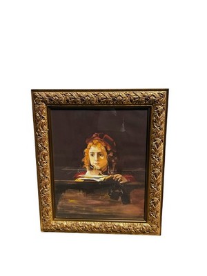 Mid-Century Watercolor Painting of Young Girl Studying Framed