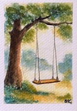ACEO Original Art, Tiny Art, ATC - Watercolor -  Swing in the park