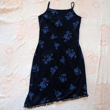 Vintage Y2K Floral Party Dress Medium Blue Mesh Fringe Whimsigoth Asymmetric