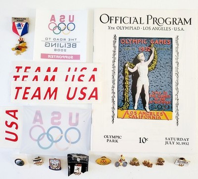 Olympic Games Lot of 11 Pinbacks, Commemorative 1932 Program, 5 Stickers