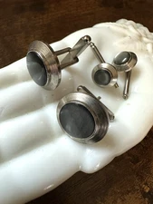 Vintage Classic Silver Cuff Links & 2 Studs Round Smokey Gray Cats Eye Set