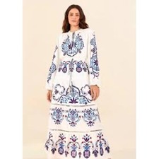 FARM Rio White Embroidered Maxi Dress Bohemian Style Tassel Tie Neck Linen