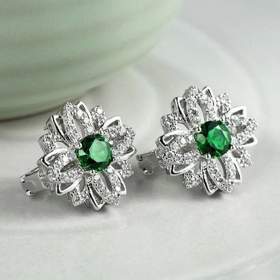 Round Cut Simulated Green Emerald Women's Stud Earrings In 14k White Gold Plated
