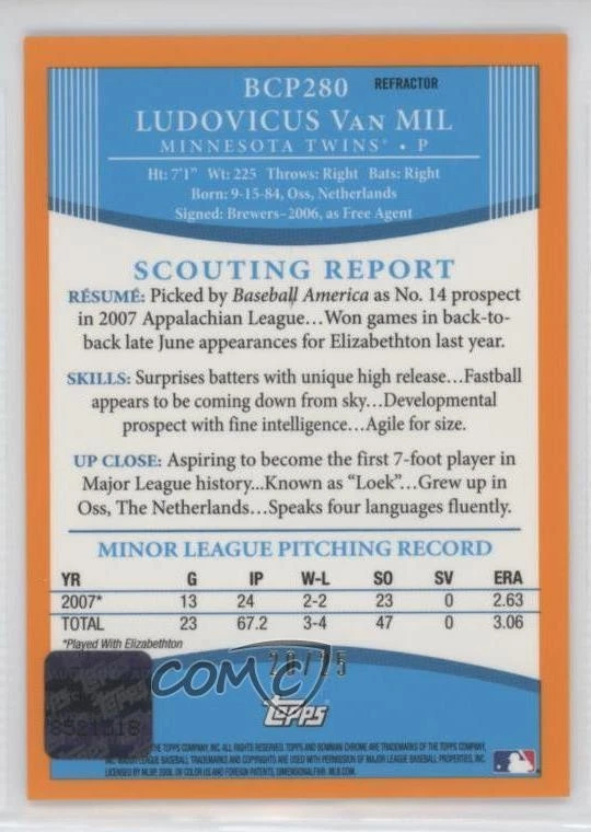 2008 Bowman Chrome Prospects Orange Refractor /25 Loek Van Mil Rookie Auto RC - Image 2 of 2