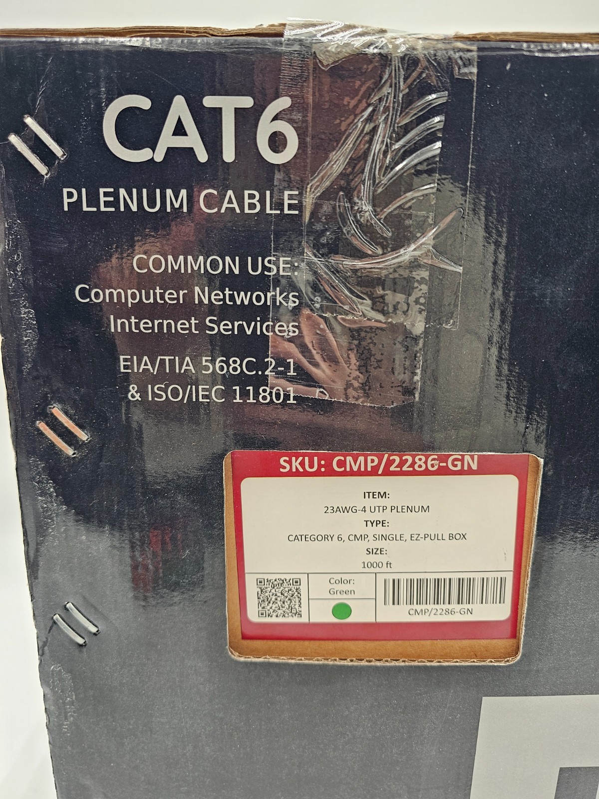 CAT6 Plenum Cable 1000ft Green | 23AWG-4 UTP, CMP SINGLE EZ-Pull Box
