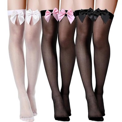 Moonlik Thigh High Socks with Satin Bow, 3Pairs Medium, Black, White, Pink 