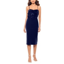 Betsy & Adam Navy Blue Cocktail Dress Velvet Flower Bodice Midi Sheath Size 14