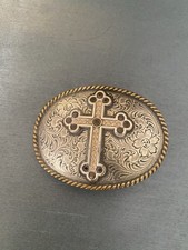 Beautiful Nocona Belt Buckle Pewter Silver Color w/ Gold Jeweled Cross  Trim