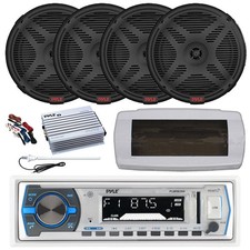 Pyle Bluetooth Marine Radio,Cover, Antenna,Amp w/Kit, 4x 6.5" 600W Black Speaker