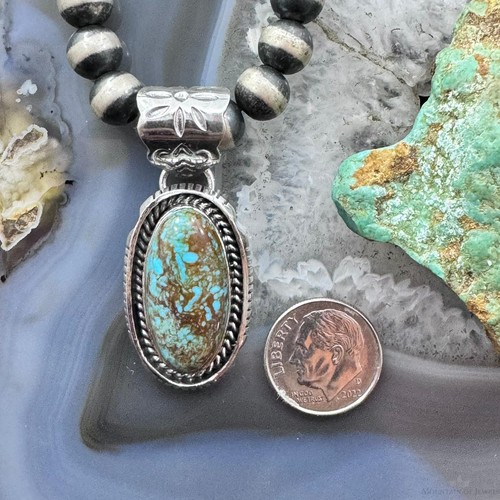 Native American Sterling Silver Elongated Oval Turquoise Unisex Pendant #1 - Picture 8 of 10