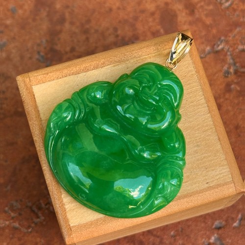 Nachlass 14KT Gelbgold geschnitzte echte grüne Jade chinesischer Buddha Gold Anhänger - Bild 5 von 7