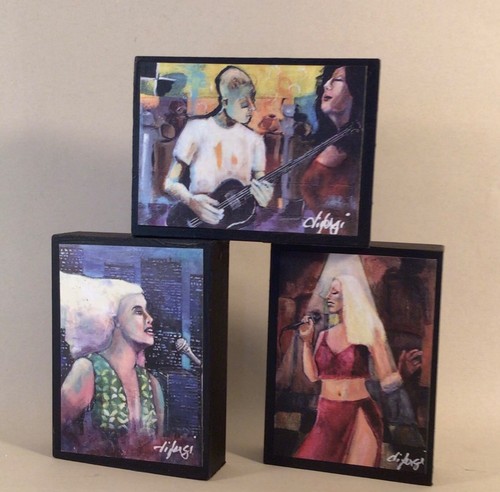 3er Set kleine Sammler Kunstblöcke von diFergi montierte Drucke auf Holz "Musik" - Bild 1 von 2