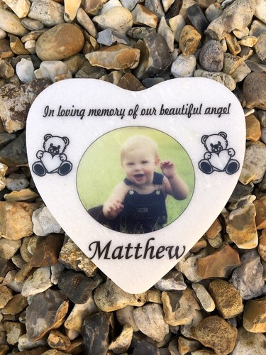 Photo Personalised White Marble Heart Child Baby Memorial Plaque - Teddy Bear - Picture 2 of 12