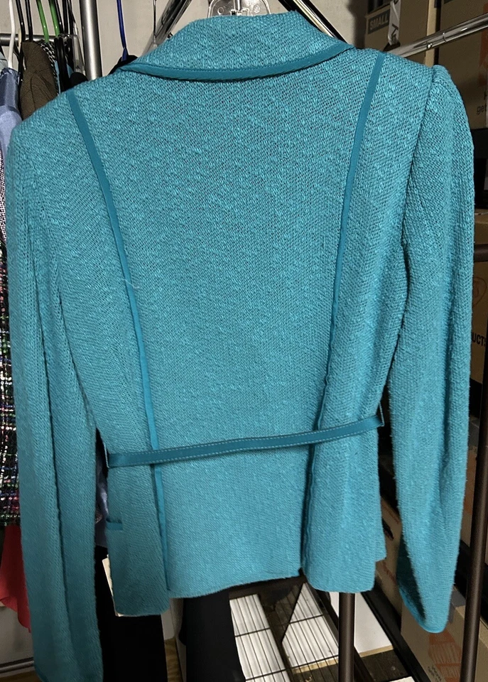 Nanette Lapore 女式西装外套 M 码蓝绿色 3 按钮带皮革腰带职业办公室 — 第 4/4 张图片