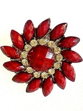 Red Flower Pin Starburst Brooch Red Acrylic Clear Rhinestone 1.5  