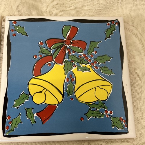 Reindeer And Bells Christmas Tile Trivet Hot Pads Cork Back Portugal Lot Of 2 - Picture 5 of 7