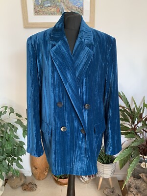 Zara Turquoise Crushed Velvet Jacket Blazer Double Breasted Teal